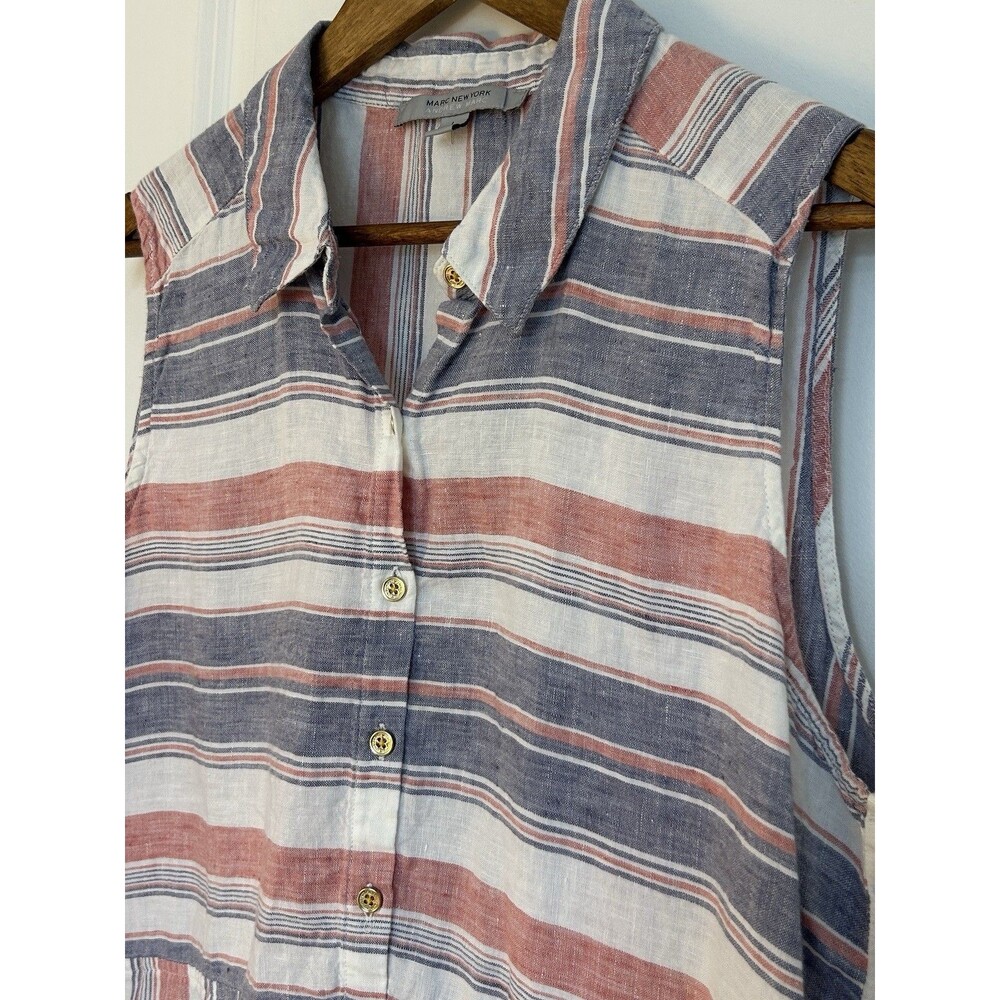 Marc New York Linen Shirt Large White Red Blue Button Front Lightweight Flowy - Picture 3 of 10